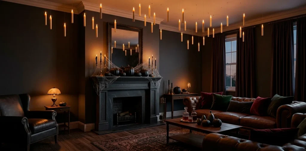Sophisticated Halloween living room with matte black pumpkins, floating candles, and moody amber lighting.