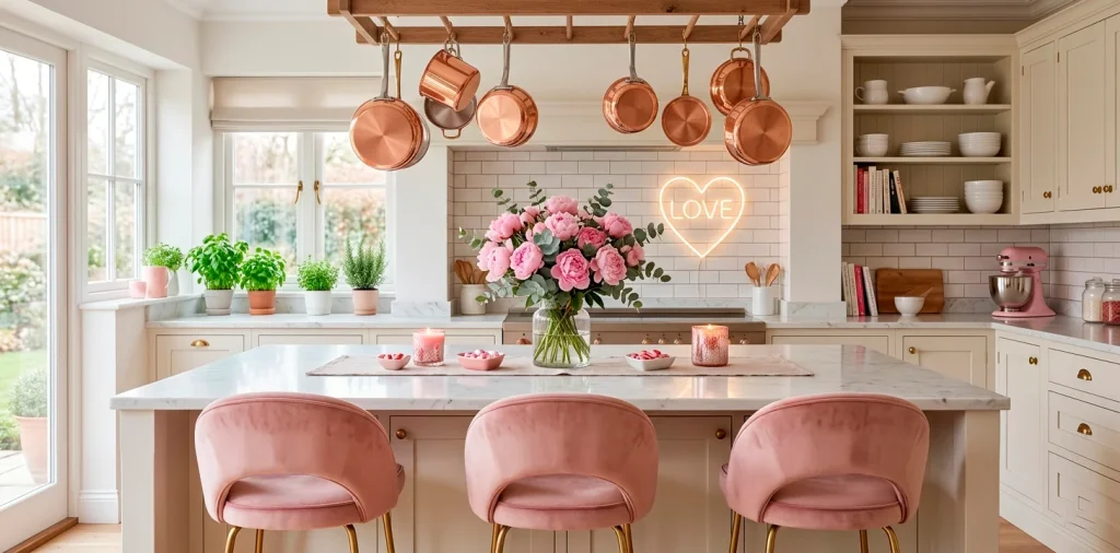 Bright kitchen beautifully decorated for Valentine's Day with blush pink bar stools, fresh peonies, and copper cookware.