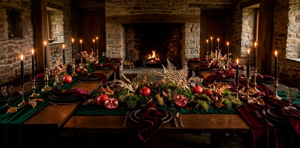 Moody dark cottagecore Thanksgiving table with green velvet, black candles, and foraged decor.