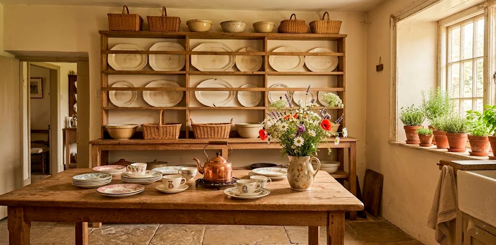 Cozy cottagecore kitchen with vintage copper pots and mismatched floral ceramics on a rustic table.