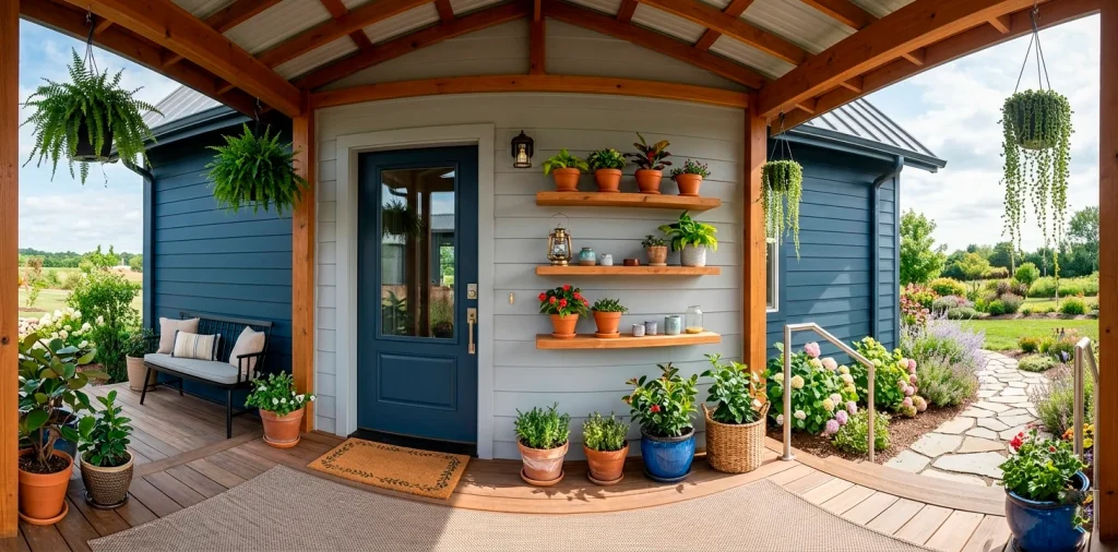 Small front porch design featuring vertical wooden floating shelves with potted plants and a mini lantern.