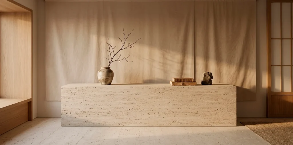 Serene Japandi entryway featuring raw stone console and soft silk wall tapestry
