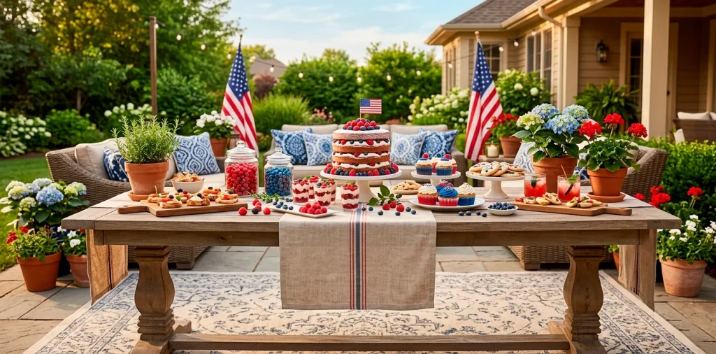 Beautifully styled outdoor Memorial Day treats bar featuring a tiered cake, berries, and elegant wooden decor