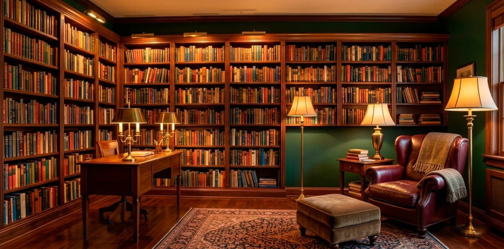 A cozy home library with dark green walls, wooden bookshelves, and warm amber lighting from brass lamps.