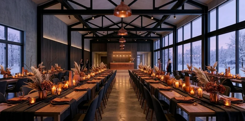 Sophisticated modern winter wedding reception with charcoal and terracotta color palette in a snowy setting.