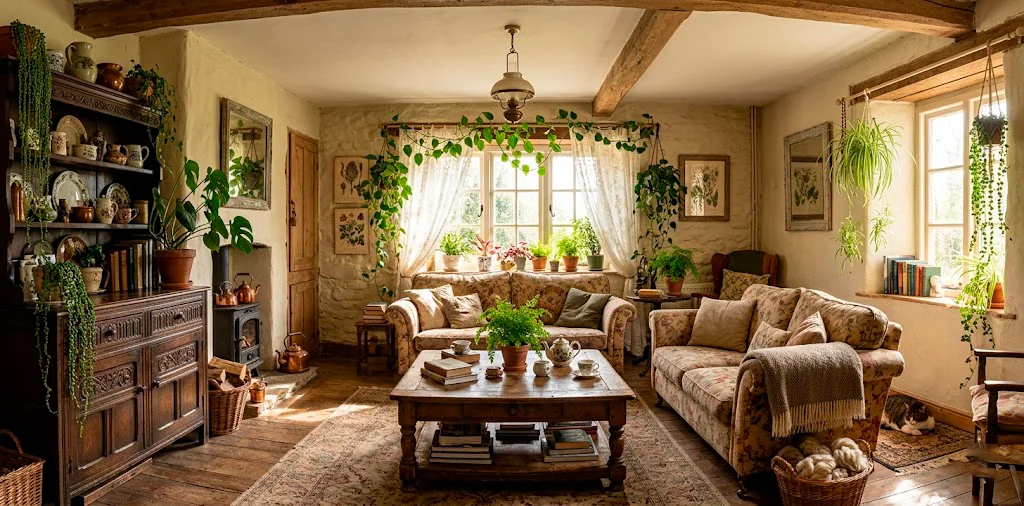 Cozy cottagecore living room filled with trailing plants, vintage floral pillows, and antique wood furniture representing a secret garden vibe