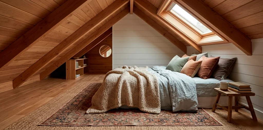 Cozy attic bedroom nook with layered textiles, chunky knit blankets, and natural skylight lighting.