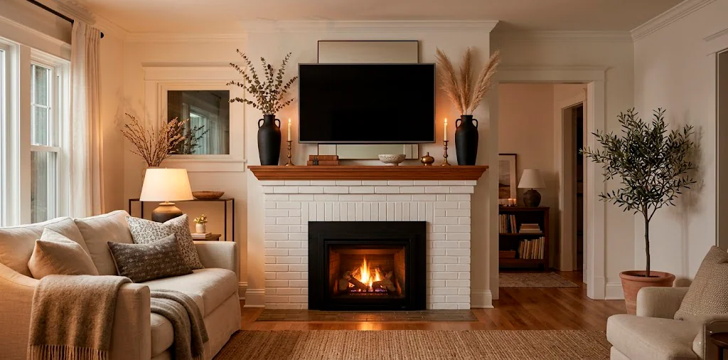 Beautifully styled symmetrical fireplace mantel with a flat-screen TV and matching decor
