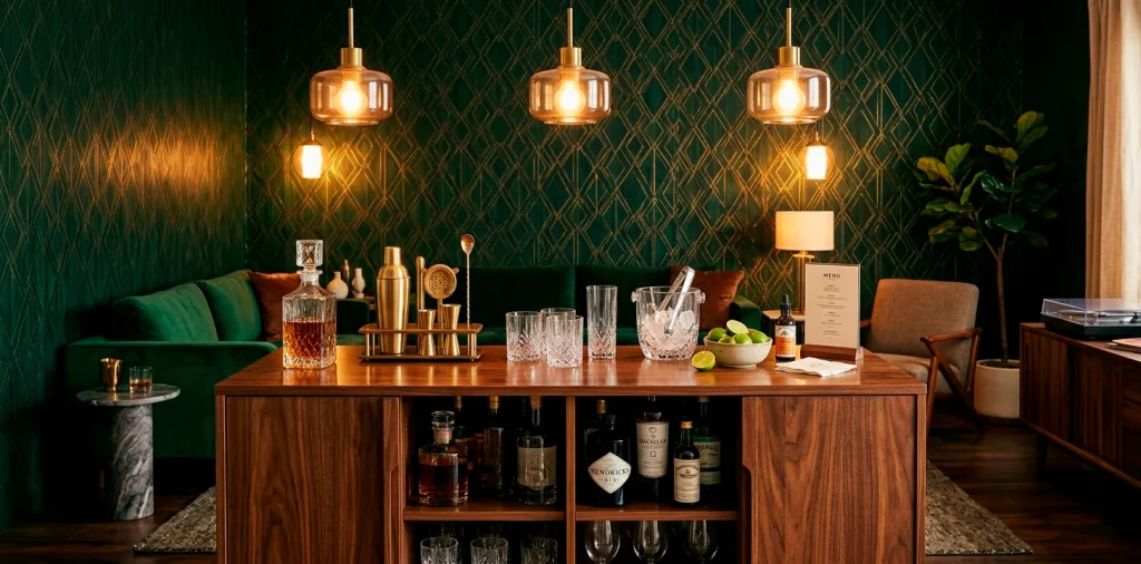 Luxurious home bar setup against a dark emerald and gold geometric wallpaper backdrop
