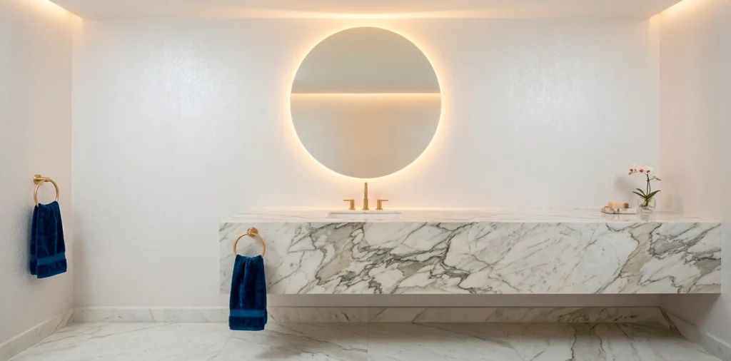Wide panorama of a luxury powder room featuring Calacatta marble vanity and brushed gold fixtures.