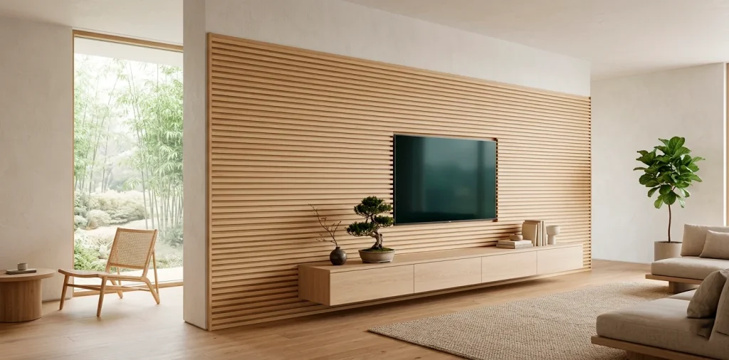 Minimalist Japandi living room with a sustainable light bamboo slatted TV wall and floating pale oak media console.