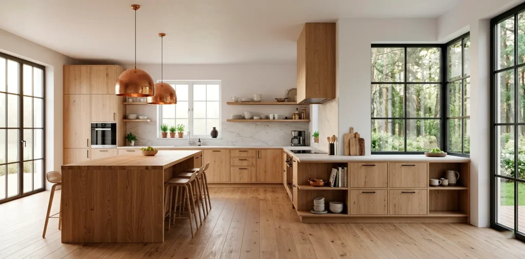 Rustic Scandinavian kitchen featuring natural oak cabinets and warm hammered copper pendant lights.