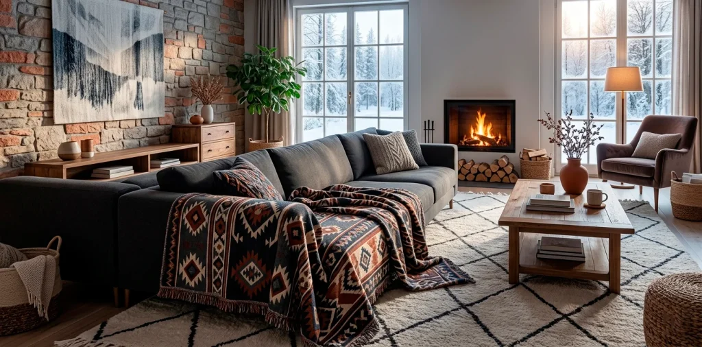 Luxurious winter living room featuring a plush modern sofa draped with a woven geometric blanket and a thick trellis rug