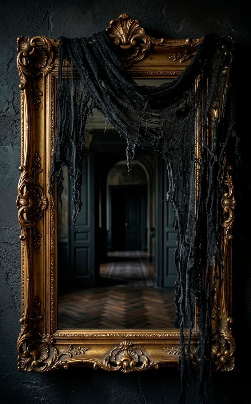 Ornate gold mirror draped in shredded black cheesecloth for a moody gothic Halloween decor look.