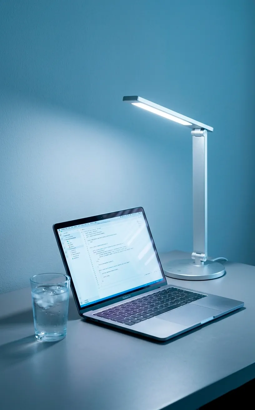 Modern silver desk lamp emitting cool white light on a minimalist summer workspace setup.