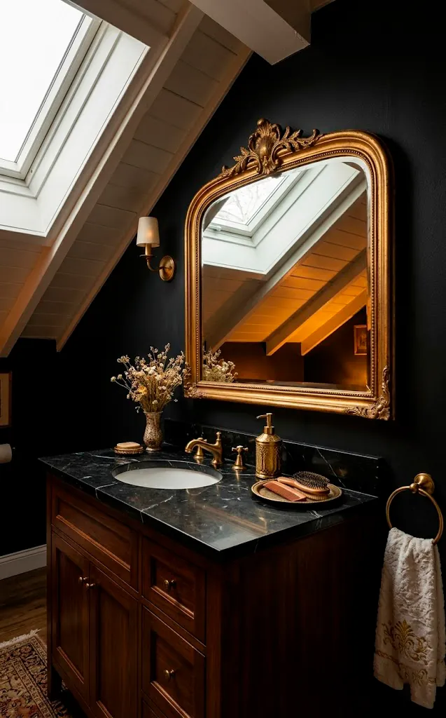 Ornate gold mirror hanging on a dark black attic wall reflecting natural light.