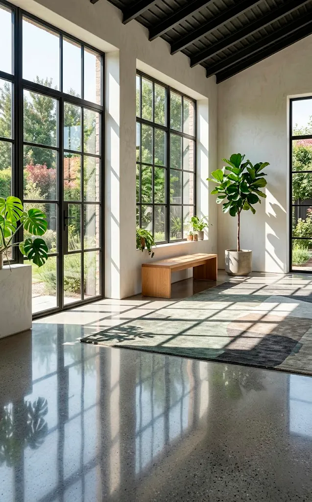 Polished concrete flooring in a modern sunroom with large black steel windows and sunlight shadows.