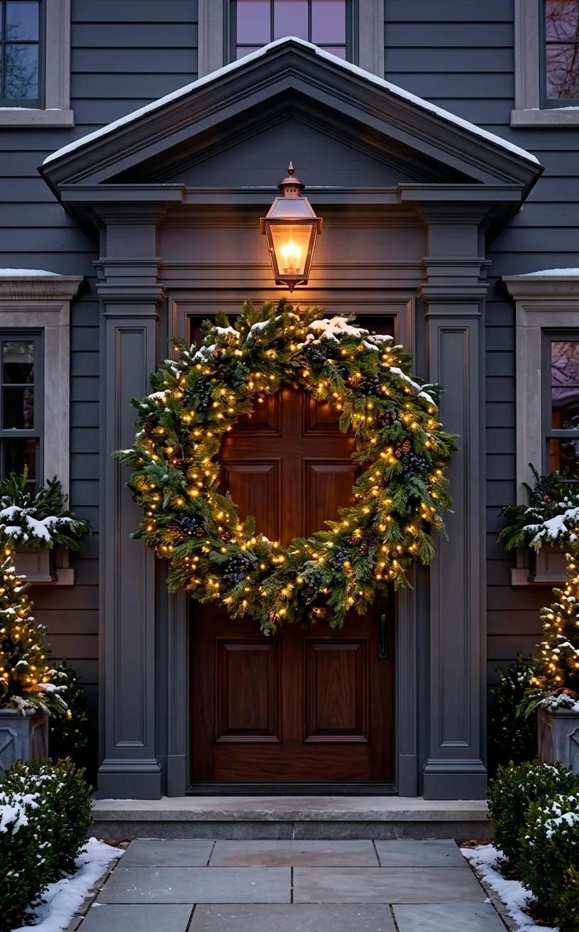 Glowing front door wreath with warm white fairy lights at night.