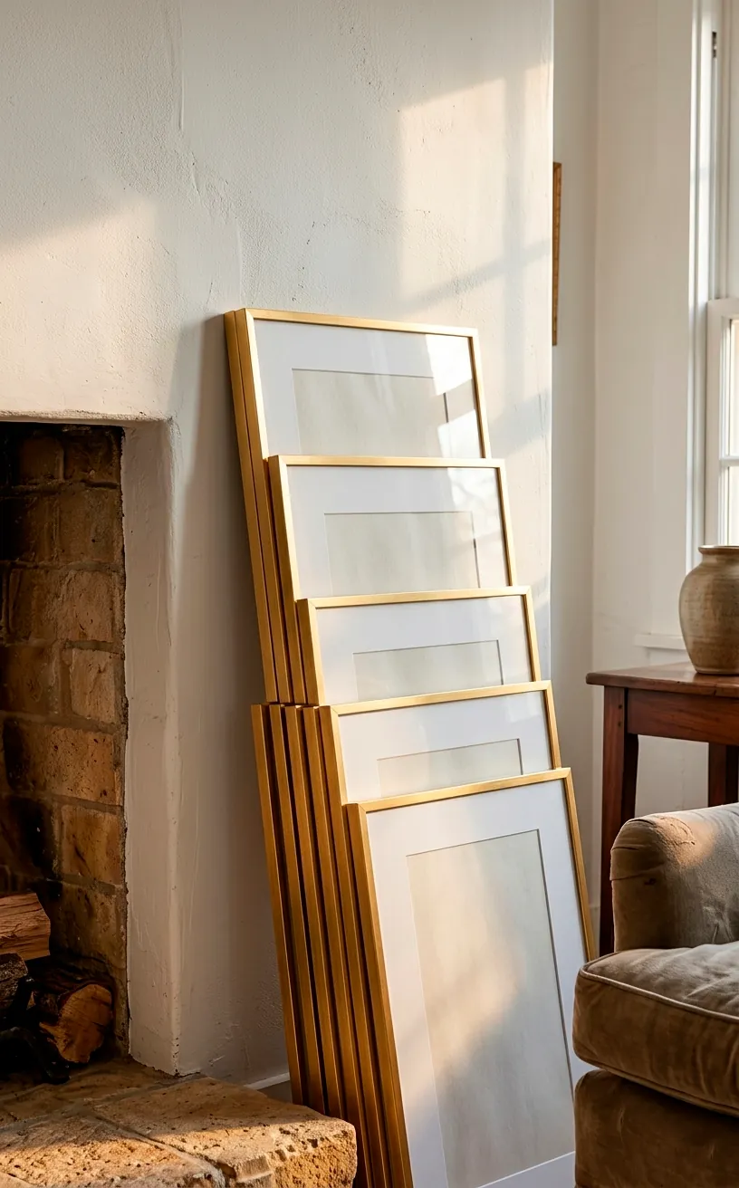 Stack of identical thin gold frames with white mats leaning against a wall by a fireplace.