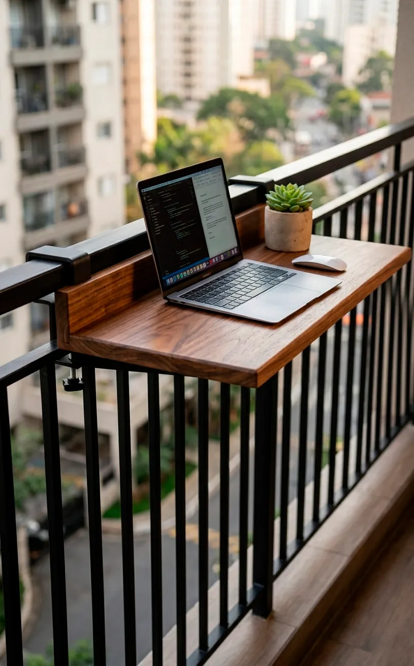 A walnut hanging wood railing table attached to a black metal balcony balustrade.