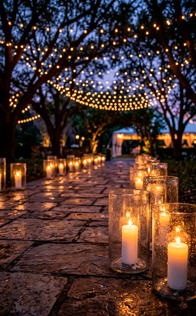Glass hurricane lanterns with white pillar candles lining a stone walkway at twilight.