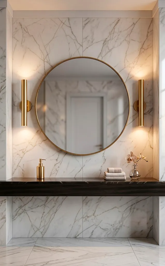 Symmetrical gold wall sconces flanking a bathroom mirror with warm ambient lighting.