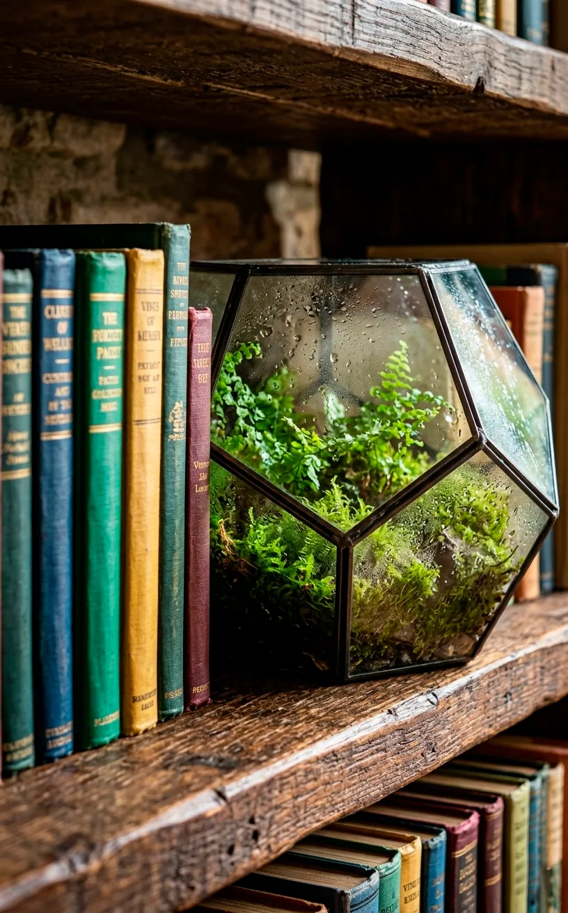 Geometric glass terrarium used as a bookend on a library shelf with moss and ferns.