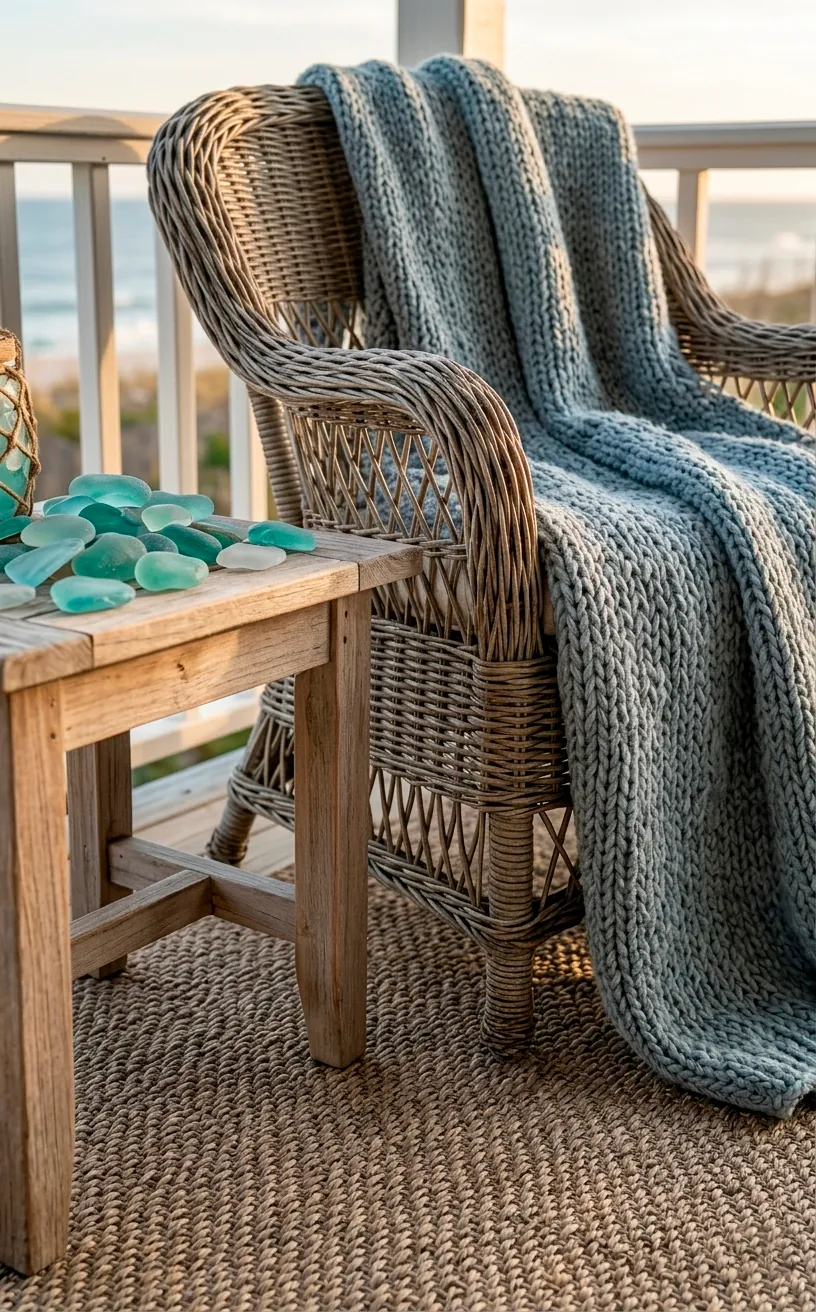 Layered textures including a chunky throw, a wicker chair, and a sisal rug.