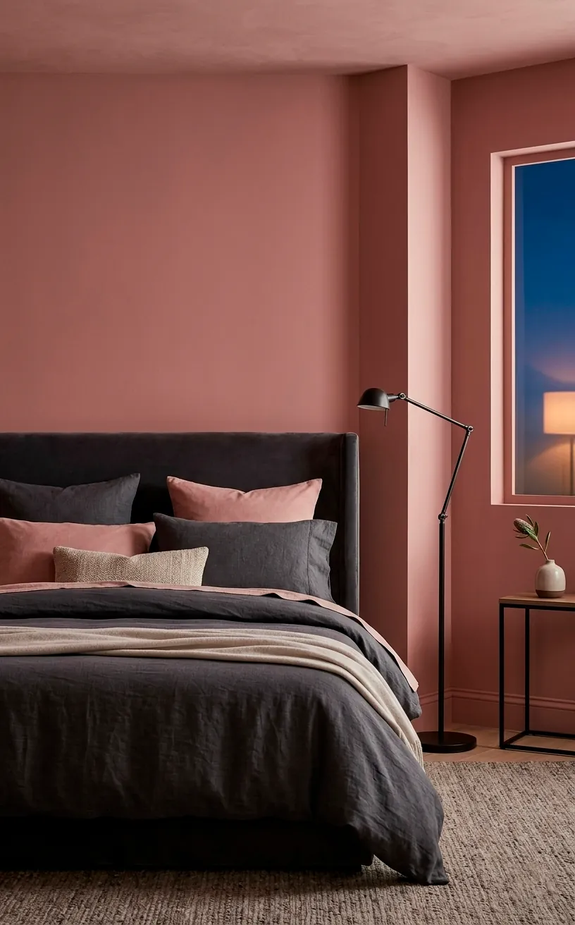 A sophisticated bedroom showcasing dusty rose walls contrasted with a dark charcoal grey headboard.