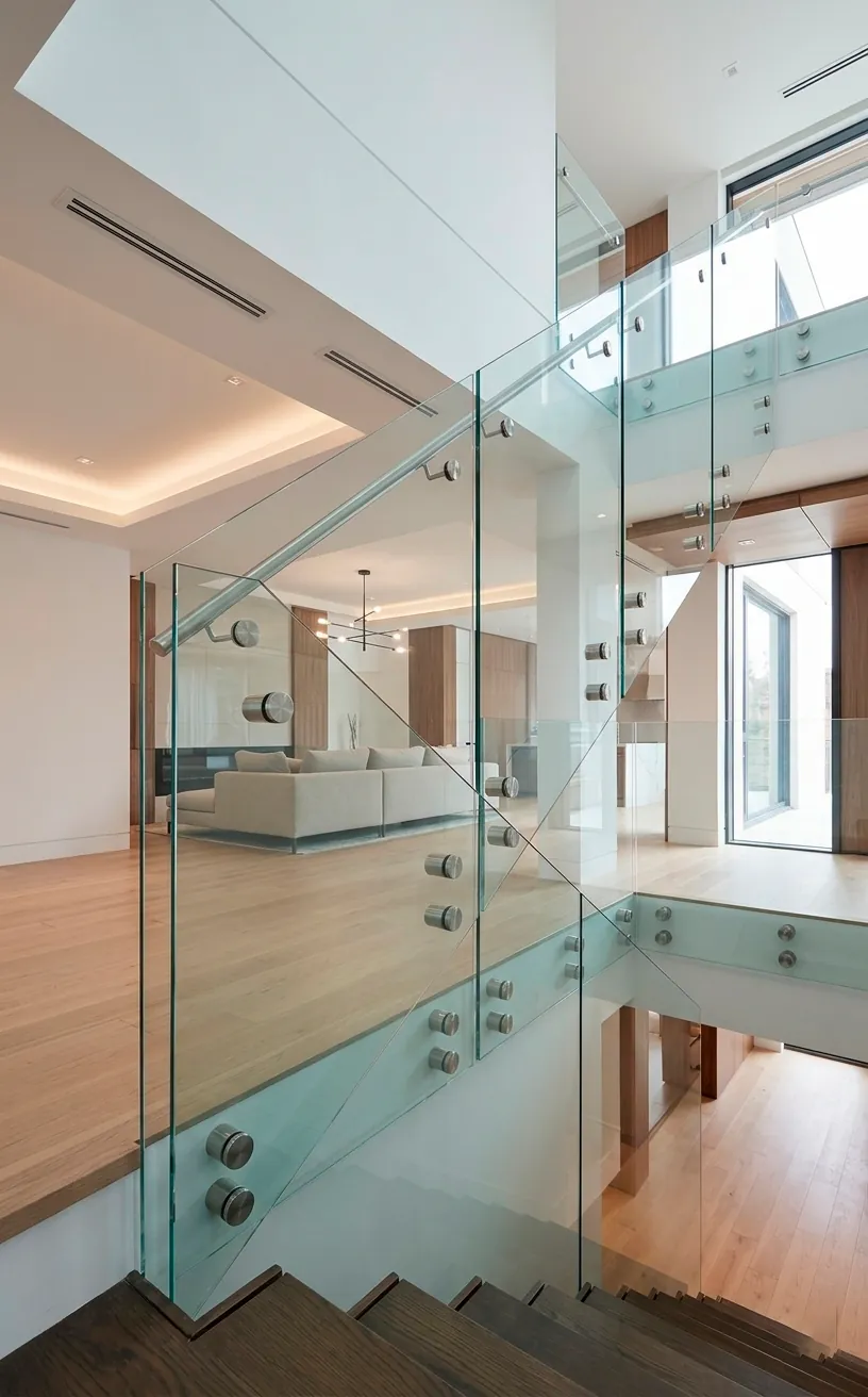 Frameless glass balustrade with stainless steel standoff hardware on a floating staircase.