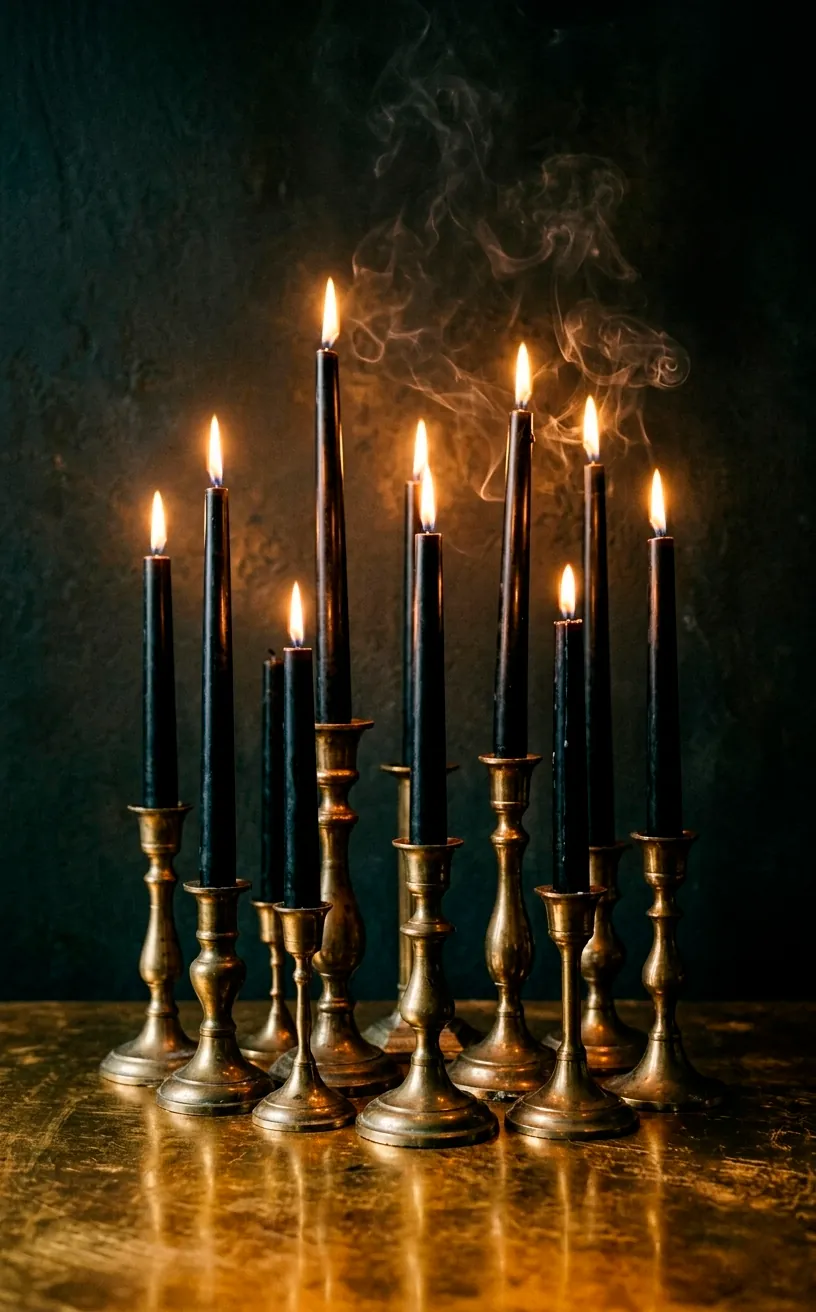 Tall black tapered candles in gold holders on a dinner table.