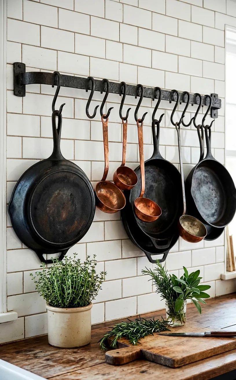 Wrought iron S-hooks hanging heavy cast iron pans and copper utensils against a white subway tile kitchen wall.