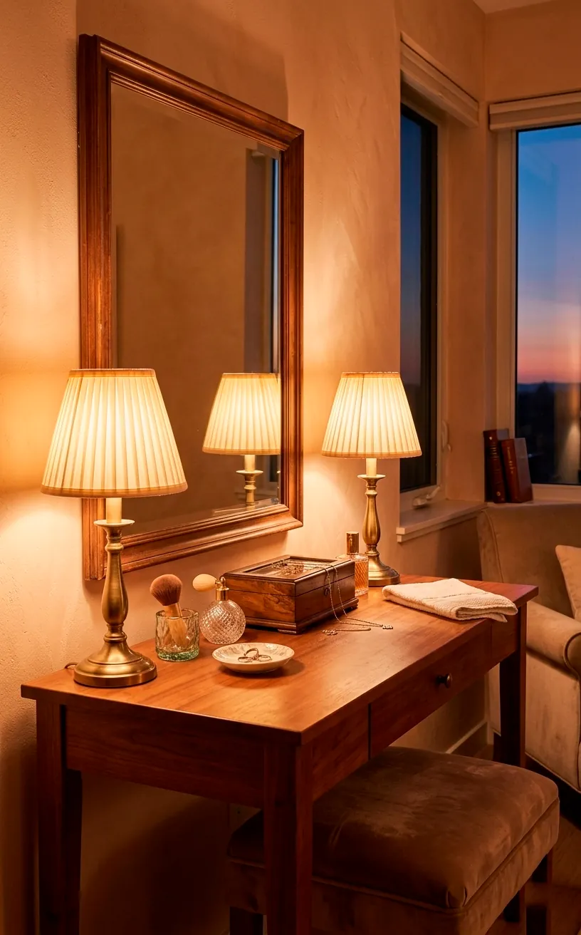 Two warm glowing table lamps with pleated fabric shades lighting a vintage bedroom vanity mirror.