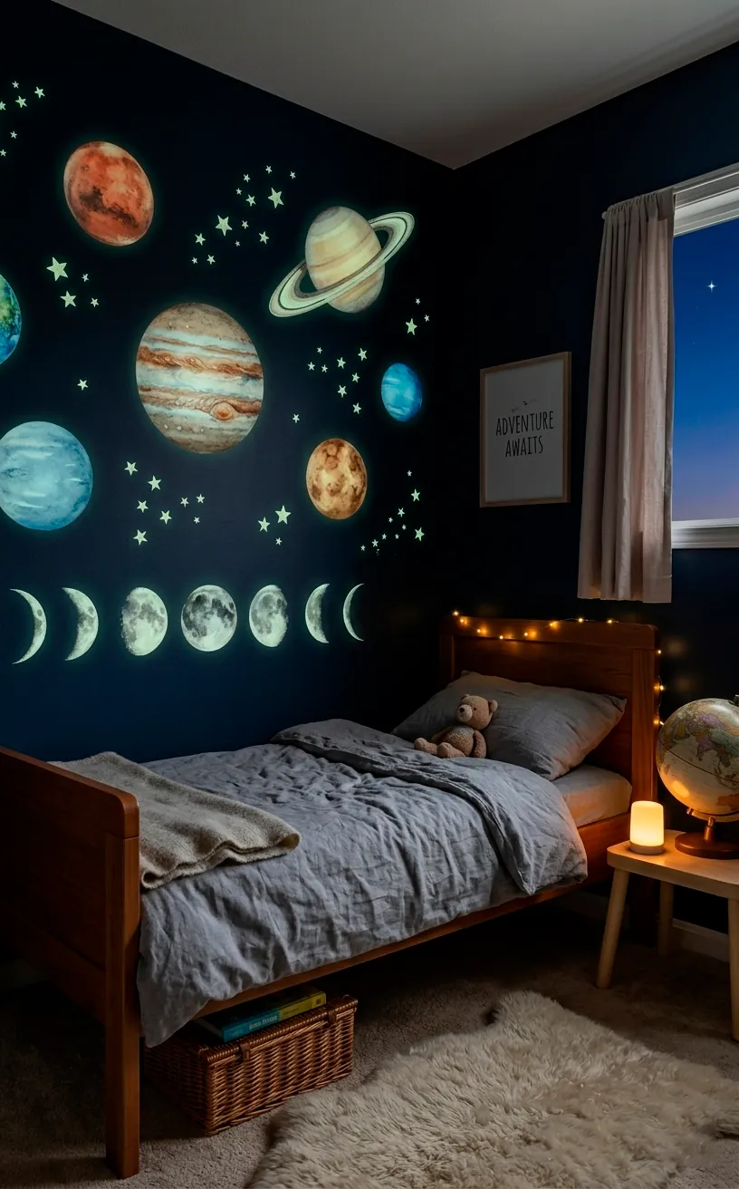 Navy blue kids bedroom wall decorated with realistic watercolor planet and moon phase decals.