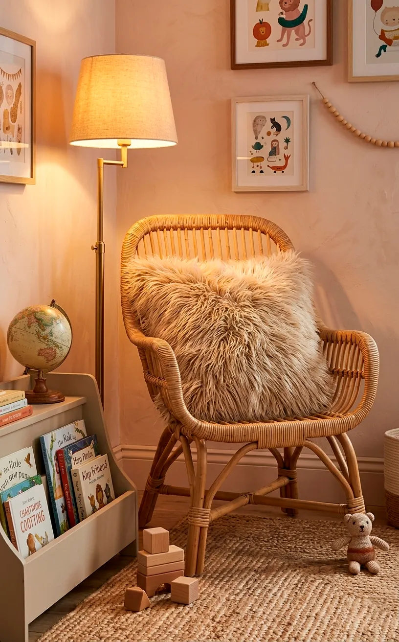 Ultra plush white faux fur shag pillow sitting inside a cozy rattan chair in a kids reading nook.