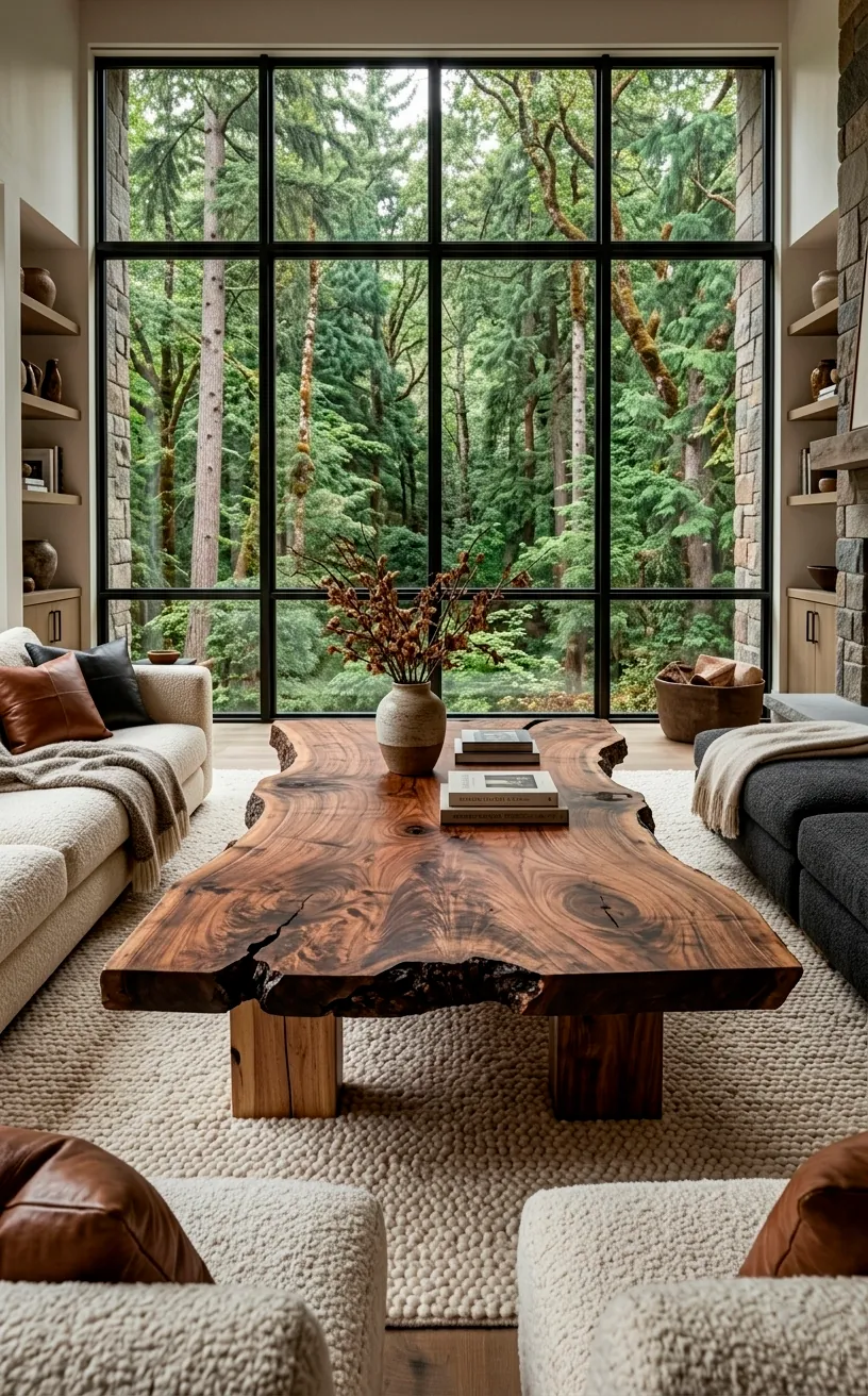 Large live-edge black walnut coffee table on a cream rug in a luxury forest-view living room.