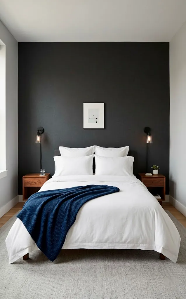 Symmetrical small bedroom layout with a centered bed and wall-mounted black sconces.