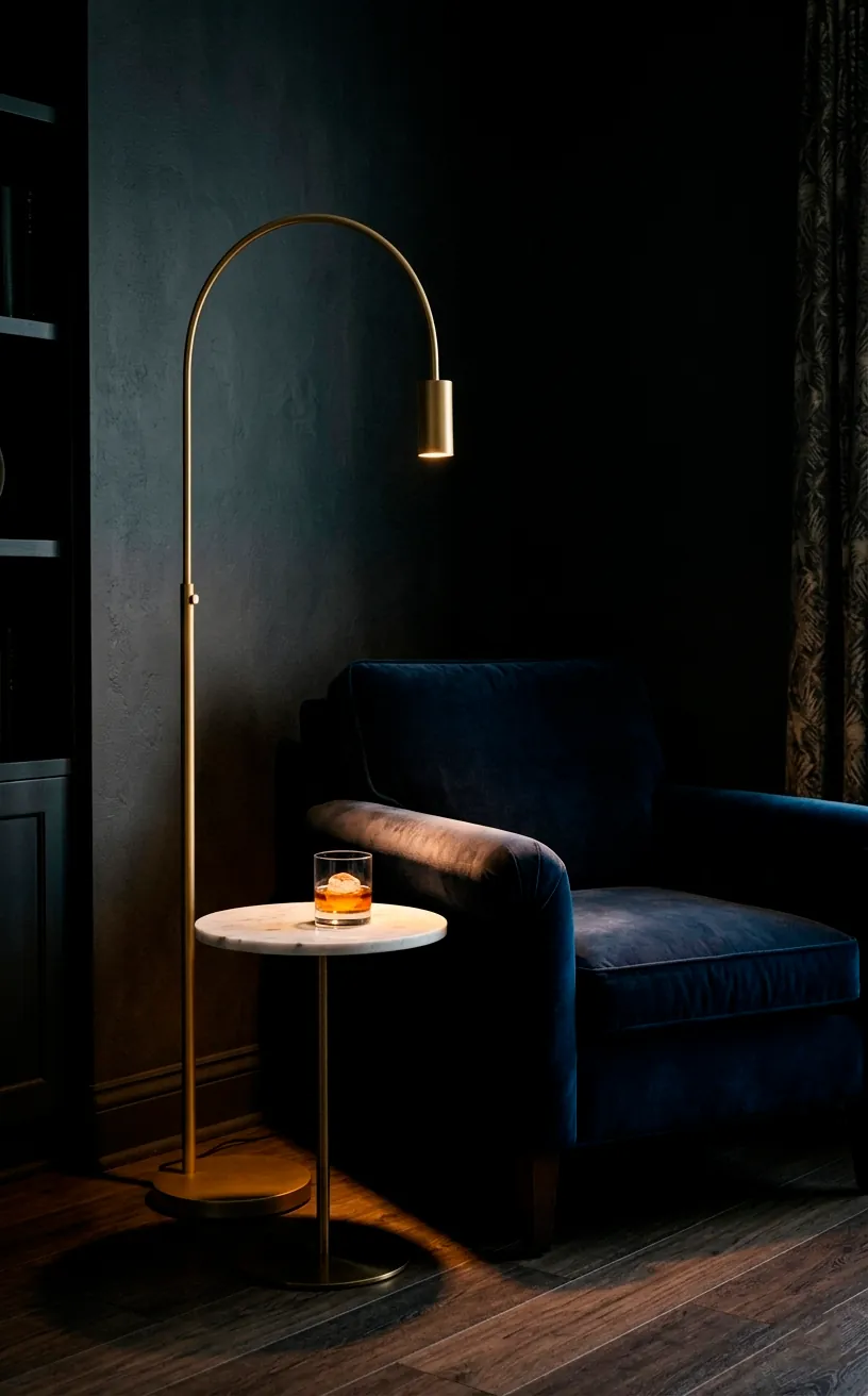 Gold arched floor lamp casting warm light next to a navy velvet chair in a dark moody setting.