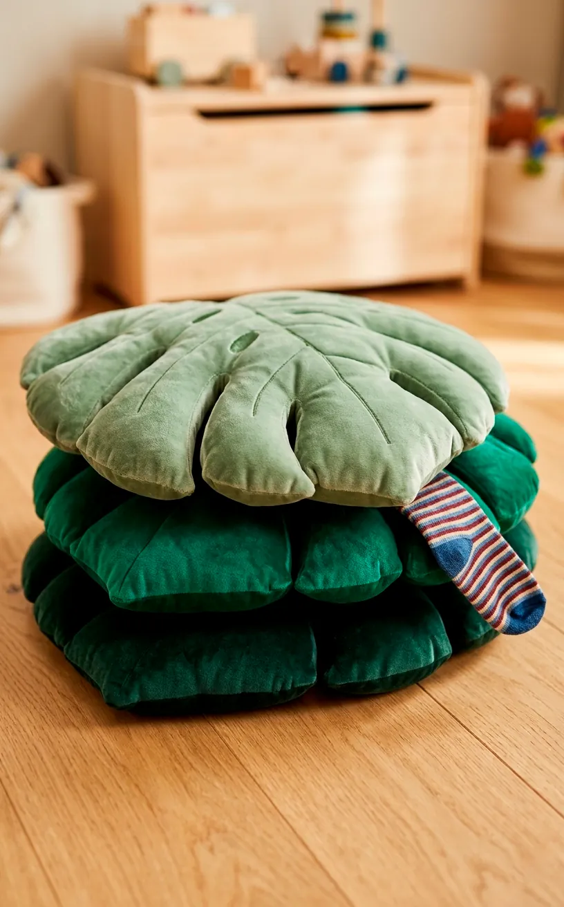Green velvet monstera leaf shaped floor cushions layered on a wooden floor.