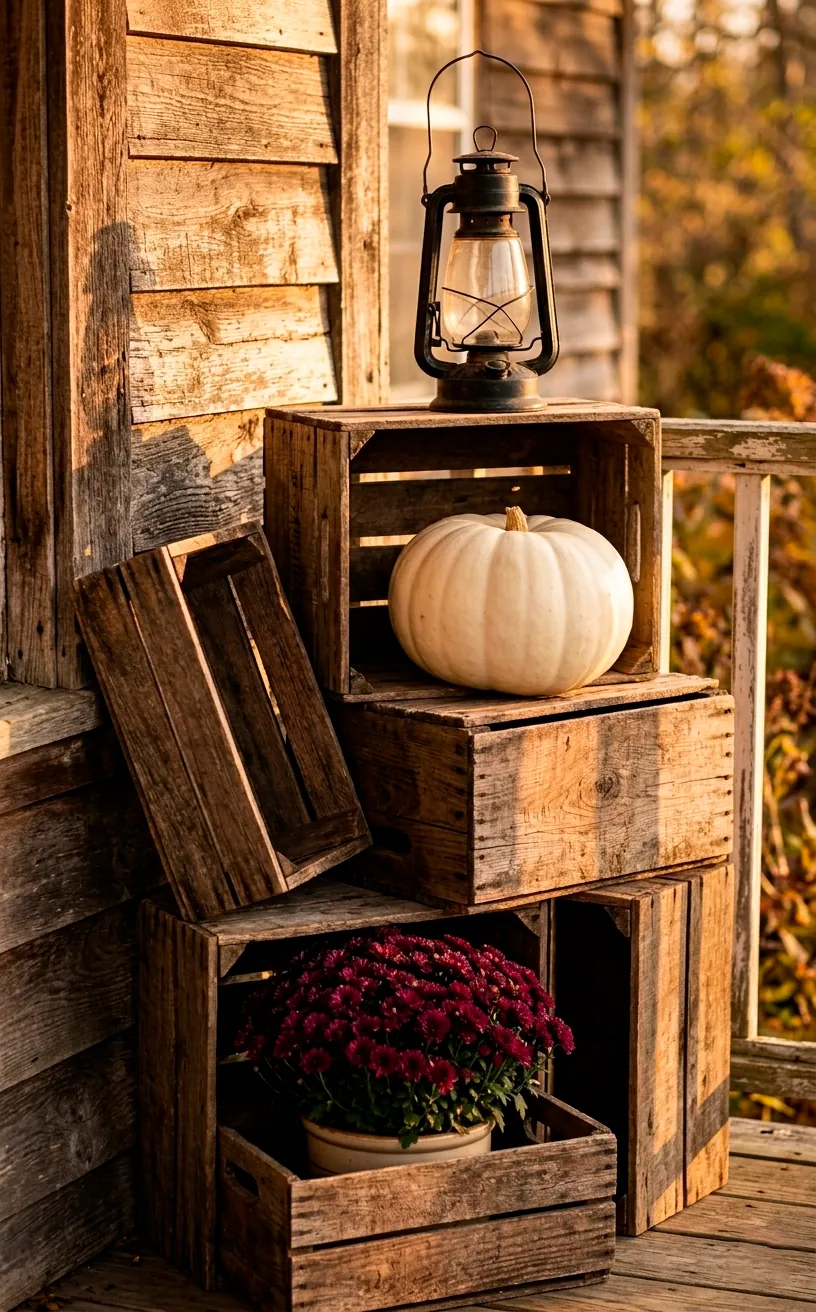 Weathered wooden crates used as tiered decor stands on a fall-themed porch.