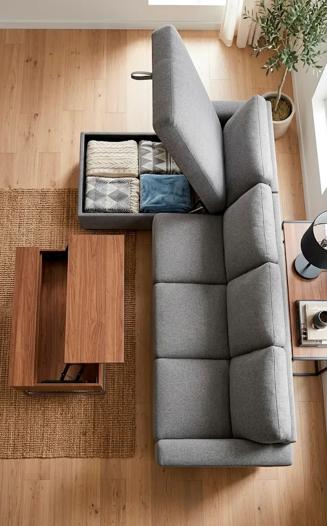 Multi-functional sofa with hidden storage and a lift-top coffee table in a studio.