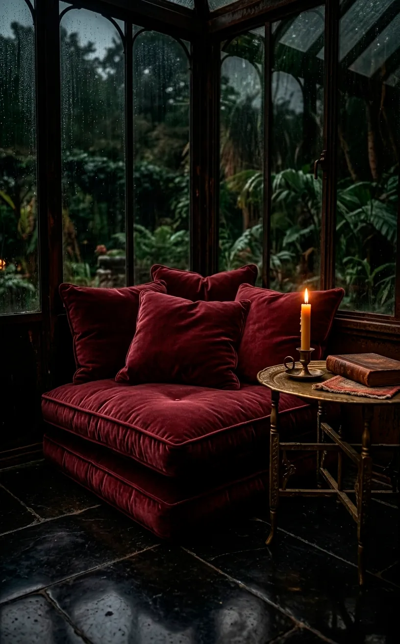 Large burgundy velvet floor cushions stacked in a dark, atmospheric sunroom corner.