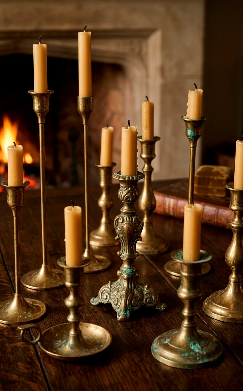 Mismatched vintage brass candlesticks with dark patina on a wooden table.