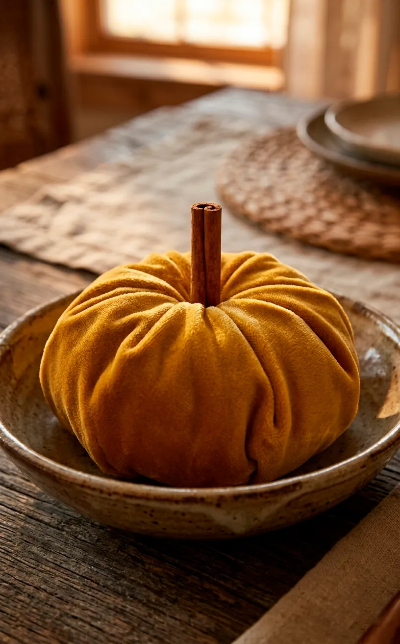 Mustard yellow velvet napkin folded into a pumpkin shape with a cinnamon stick stem.
