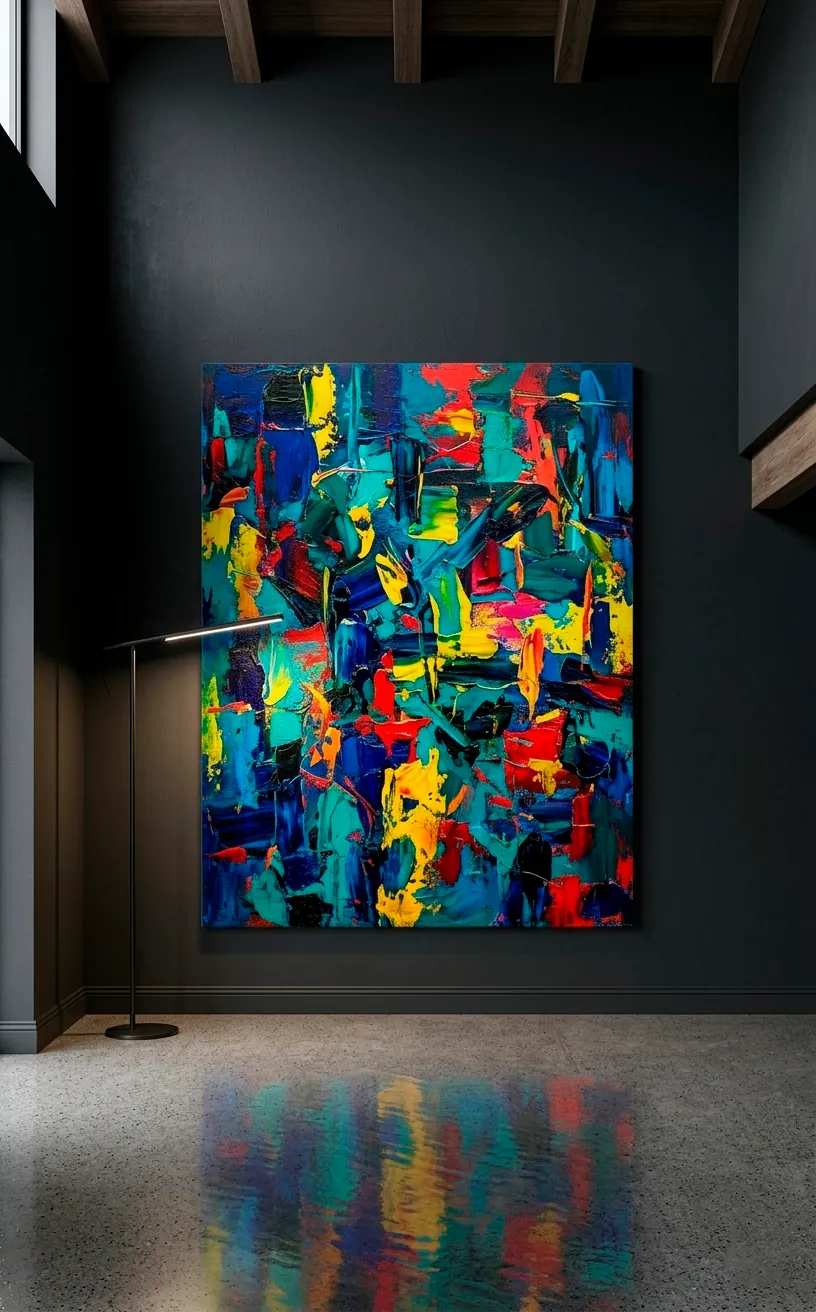 Large scale abstract canvas art hanging on a tall dark charcoal accent wall in a modern room.