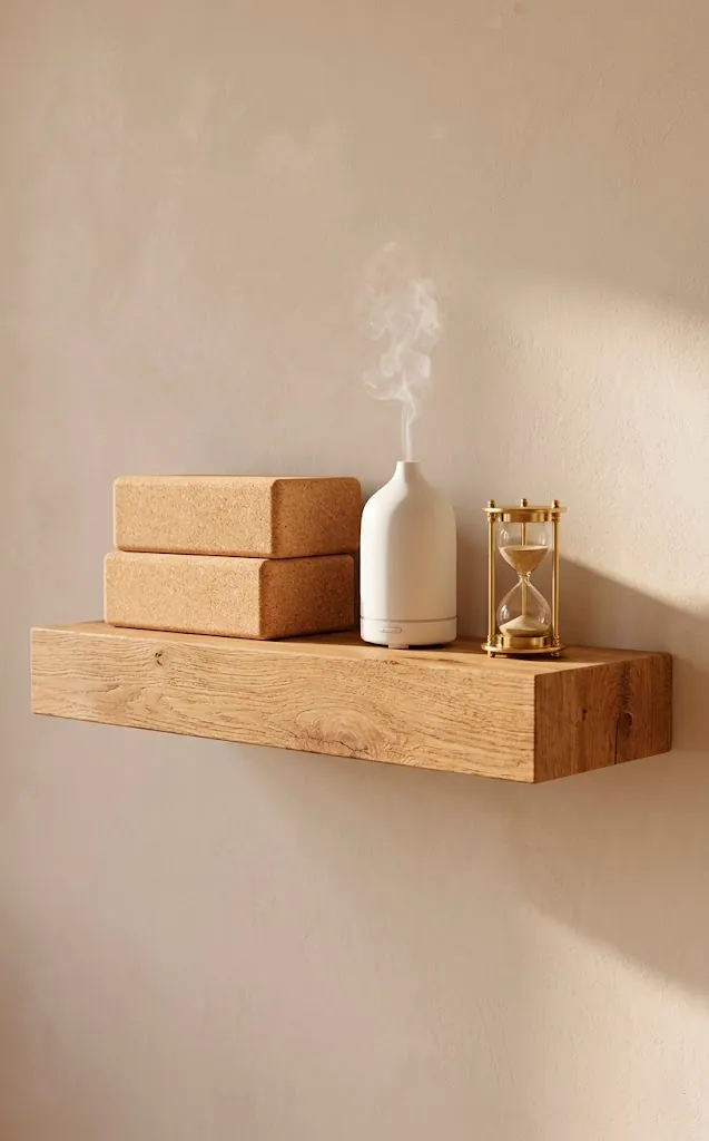 Solid oak floating shelf holding cork yoga blocks and a ceramic diffuser in a home gym.