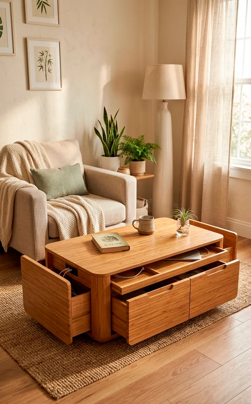 Multi functional bamboo coffee table with hidden storage in a sustainable small space apartment.