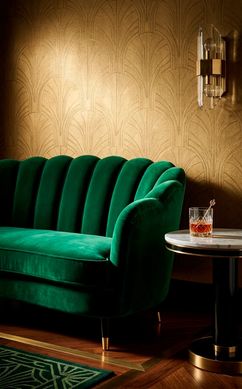 Art Deco style emerald green velvet sofa with a scalloped back and gold accents.