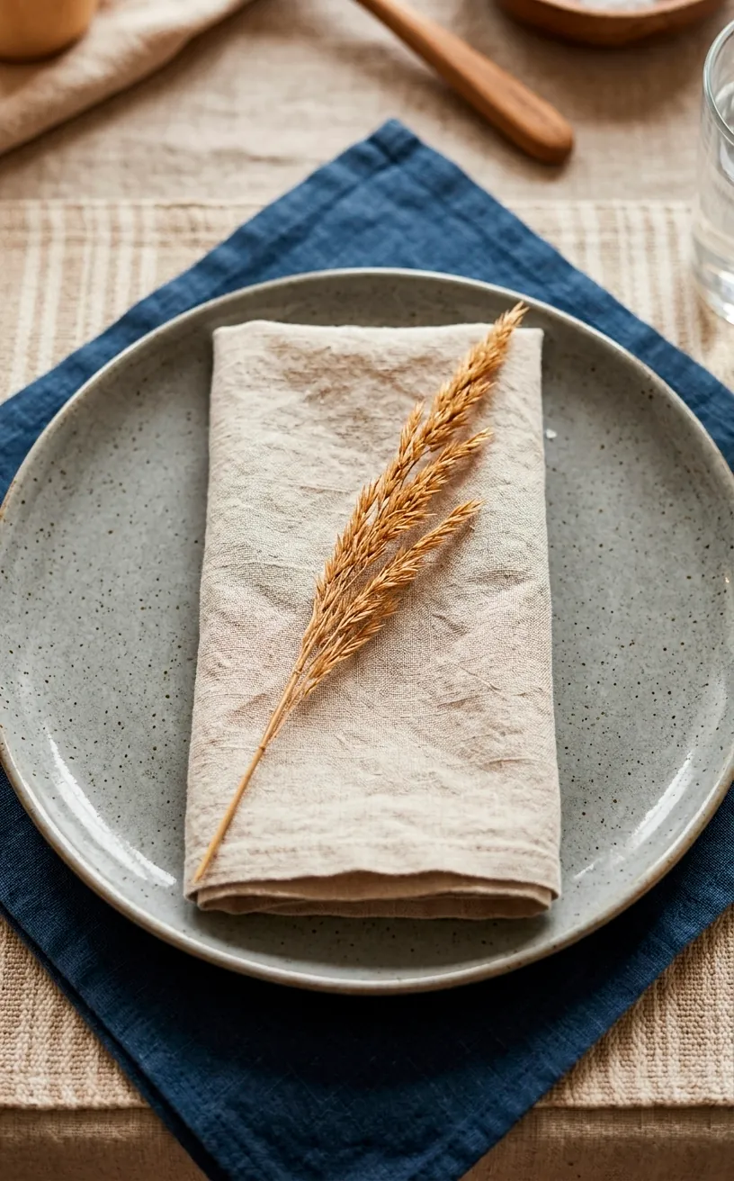 Layered neutral linens and stone-grey ceramics on a Japandi table setting.