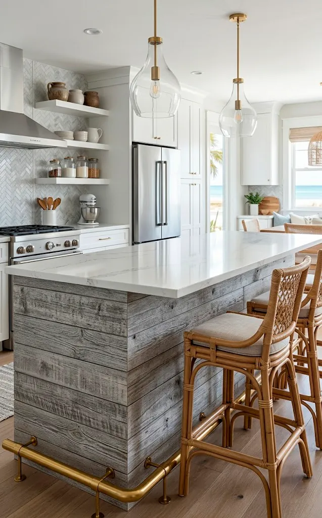 Kitchen island bar wrapped in gray-washed weathered shiplap with a brass footrail and quartz top.